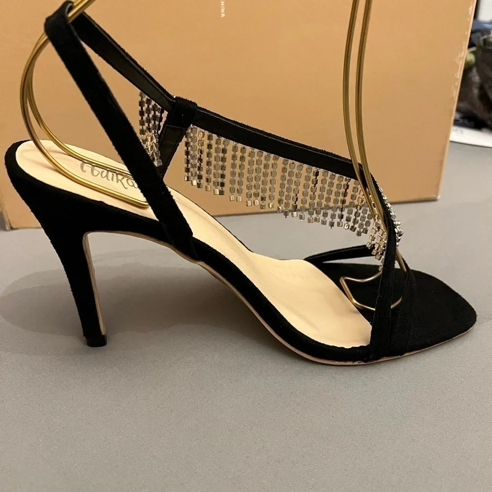 Adika Black Rhinestone Fringe Strappy Sandals 8
